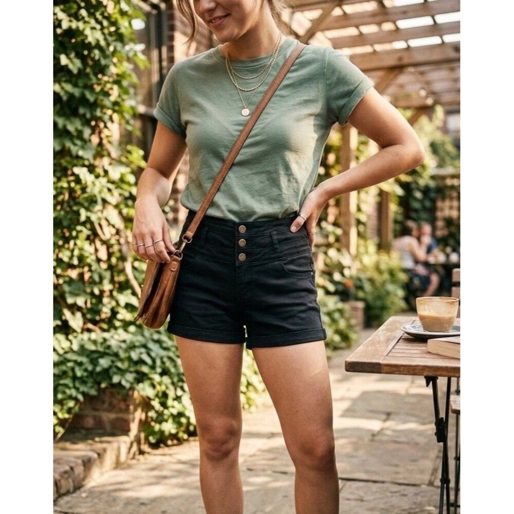 Refuge High Waist Jean Shorts Size 4 Black Cuffed Pockets Stretch Zip Button Fly
